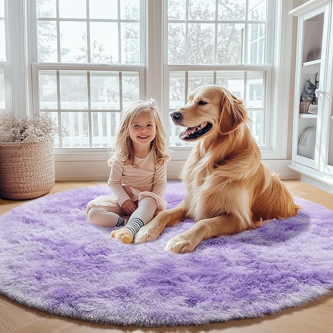 ONASAR Round Rugs 5ft for Bedroom Living Room, Tie-Dyed Purple Fluffy Circle - Image 7