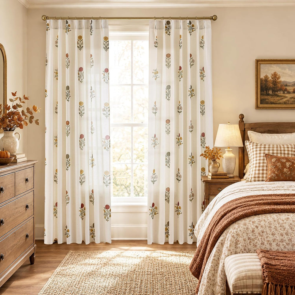 Pinch Pleated Fall Floral Curtains for Living Room, Burnt Orange and Green Li...