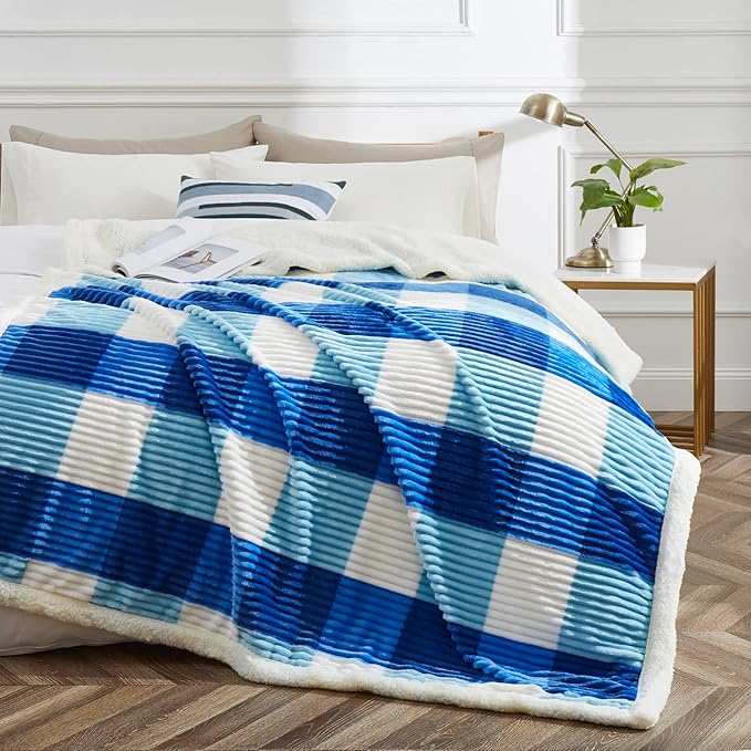 PU MEI Sherpa Blanket Twin Plaid Thick Bed Blanket, 60”*80” Super Soft Flannel - Image 2