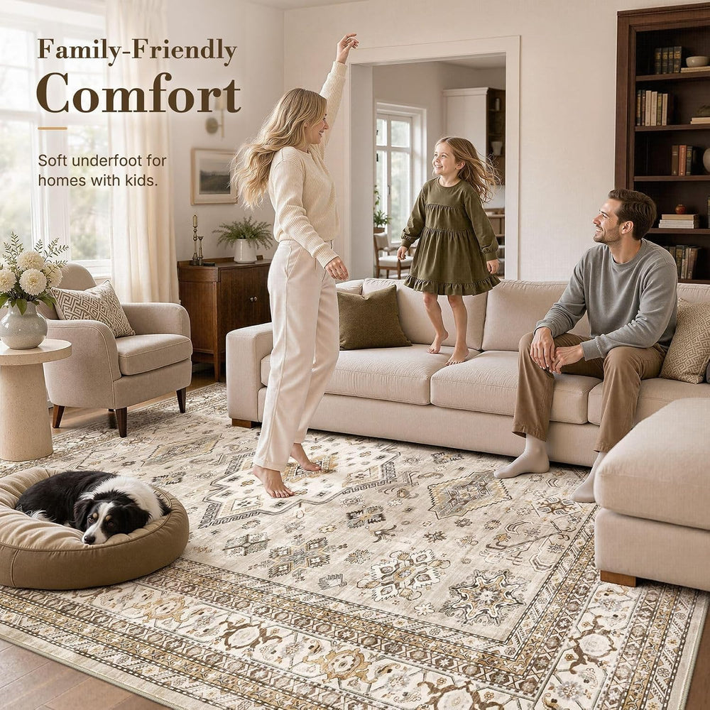 cotiled 6x9 Area Rug for Living Room, Washable, Traditional, Beige