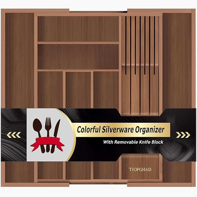 TIOPGHAD Bamboo-Silverware-Drawer-Organizer-Kitchen, Expandable Utensil Holder