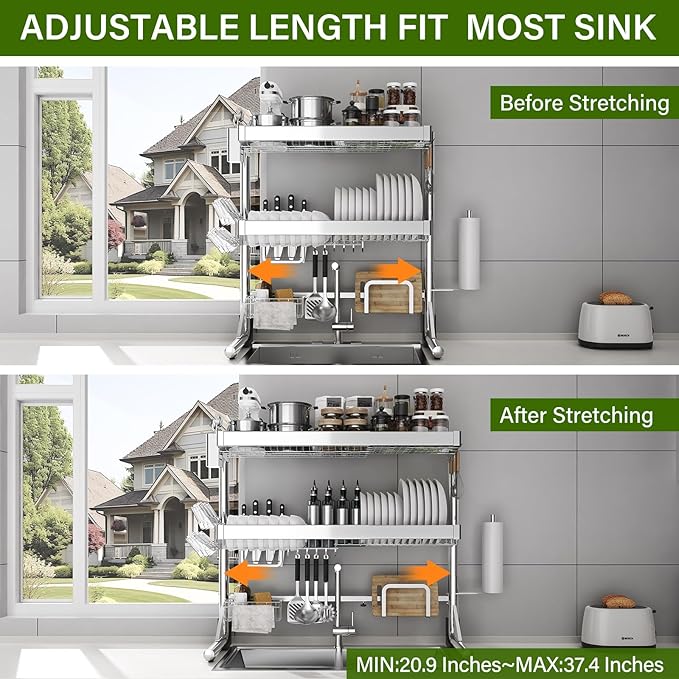 Over The Sink Dish Drainer Drying Rack 3 Tier, Full Stainless Steel Dish Drying - Image 3