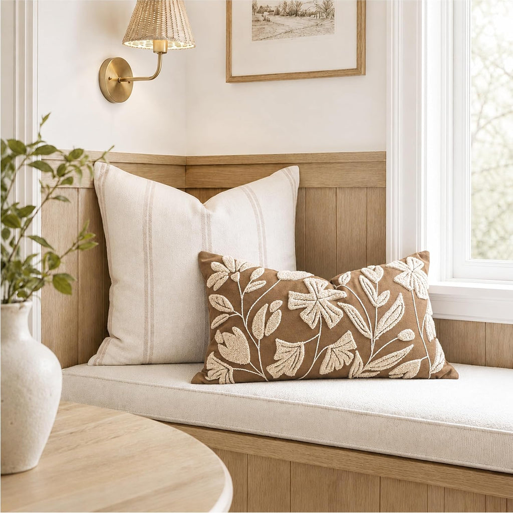 12x20 Lumbar Pillow Cover, Rectangular Brown Decorative Throw Pillowcase for Couch Sofa, Embroidered Velvet Farmhouse Accent Cushion (Cover Only)