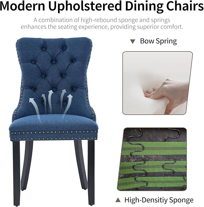 Blue Dining Chairs Set of 6, Upholstered Tufted Linen Fabric Dining Room Chai...