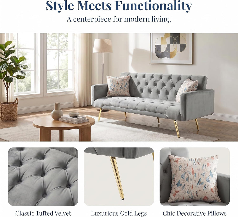 Velvet Convertible Futon Couch Bed with 2 Throw Pillows, Dark Gray
