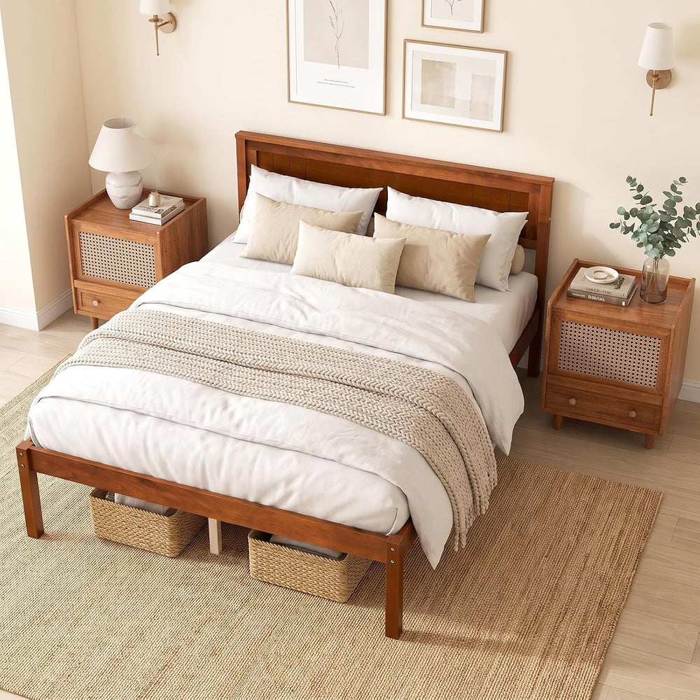 KOMFOTT Full Size Wood Platform Bed Frame with Headboard, Solid Wood Bed Fram...