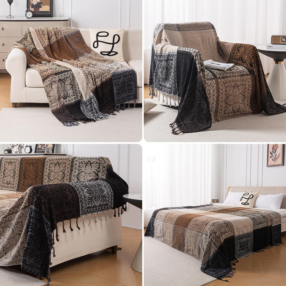 Boho Throw Blanket, Chenille Jacquard Tassels Throw Blankets for Bed Couch So...