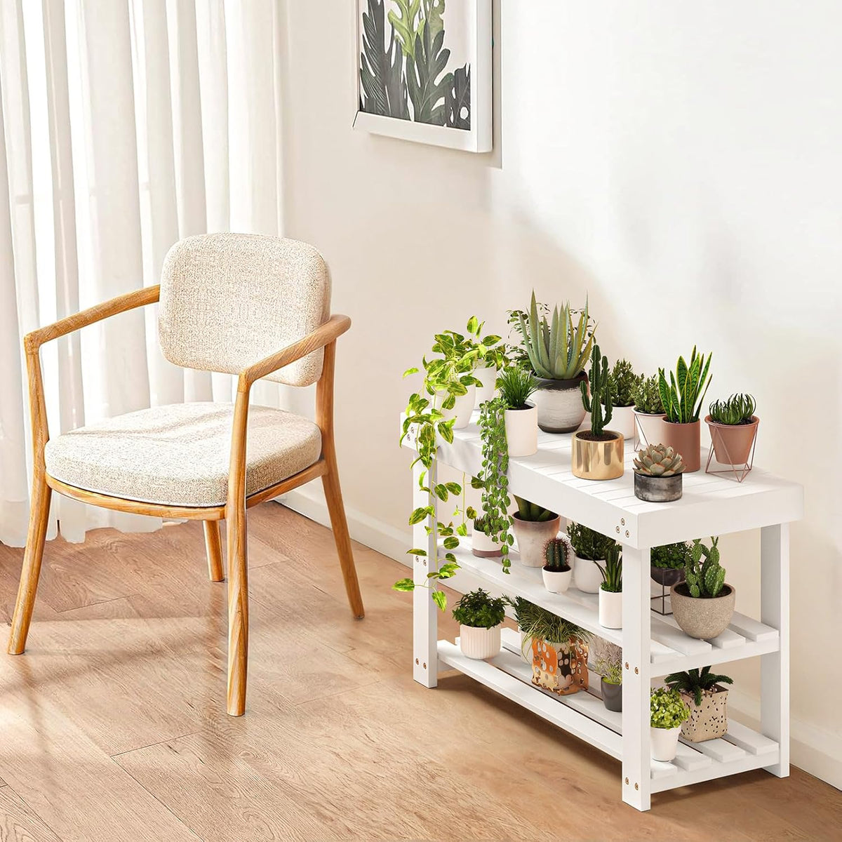 Pipishell 3 Tier Bamboo Shoe Rack Bench for Entryway, White