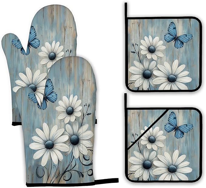 Blue Butterfly Oven Mitts and Pot Holders, Vintage Daisy Wooden Heat Resistant by Unknown