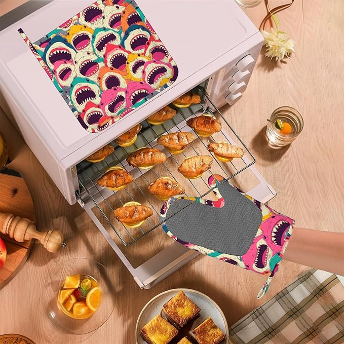 Colorful Shark Oven Mitts and Pot Holders Sets Angry Sharks Non-Slip Silicone - Image 5