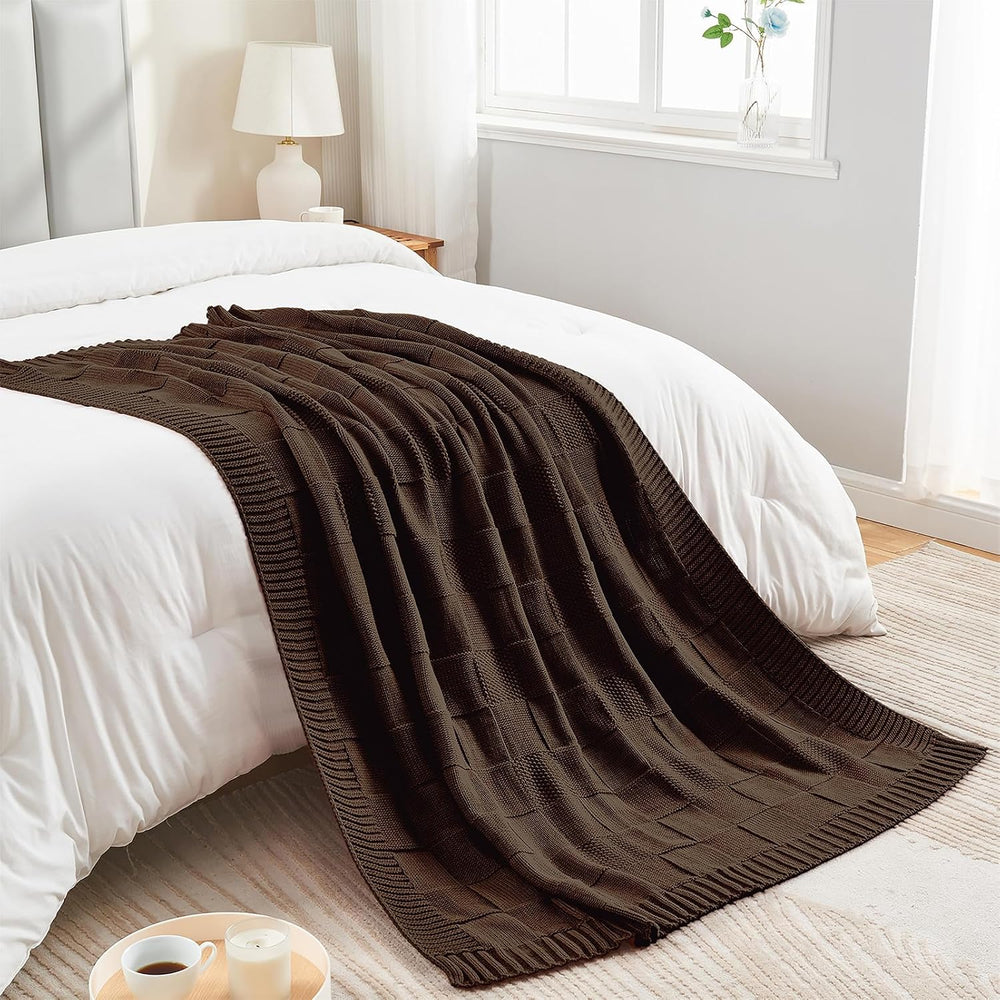 Dark Brown Knitted Checkered Throw Blanket 50"X60"