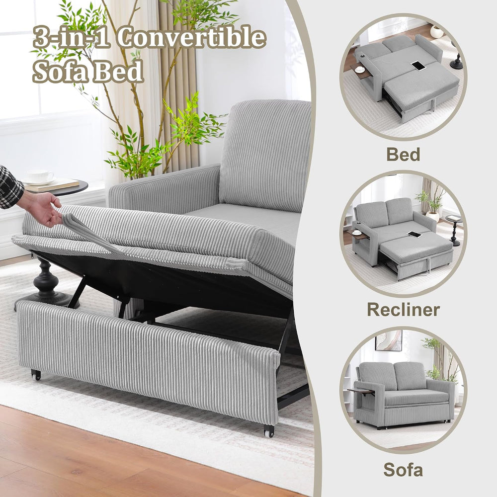 3 in 1 Folding Convertible Sleeper Sofa Bed Pull Out Couch with USB Port Side...