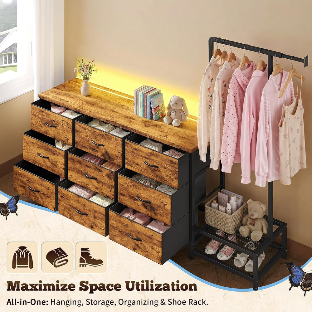 9-Drawer Dresser with Extendable Hanging Rack & LED Lights, Brown