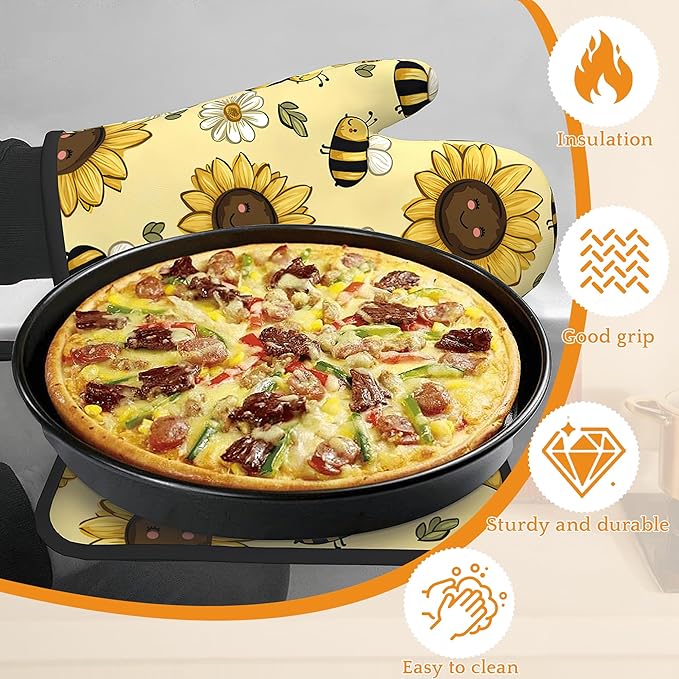 Sunflower Bee Oven Mitts and Pot Holders Set, Daisy Kitchen Oven Gloves and Pot - Image 4