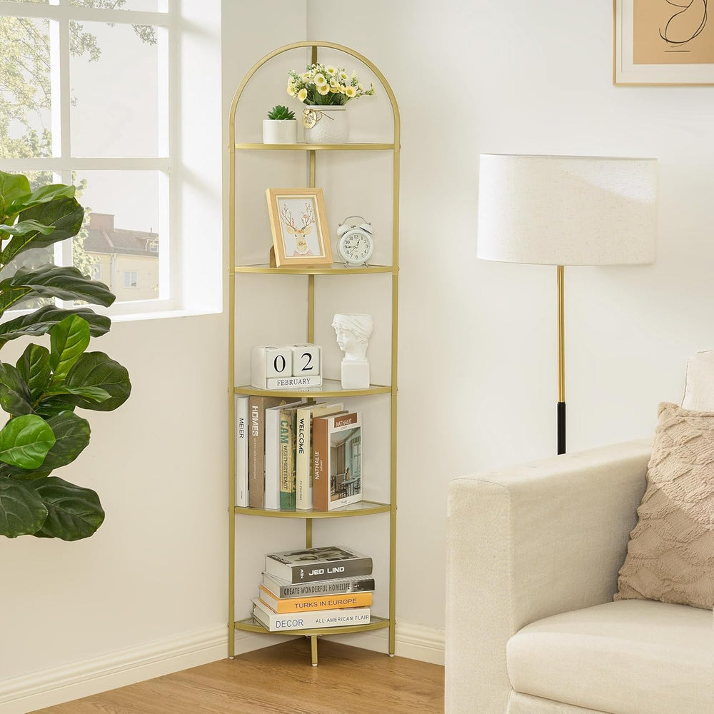 Homhedy 5-Tier Corner Shelf Stand, Metal Corner Bookshelf, Tempered Glass She...