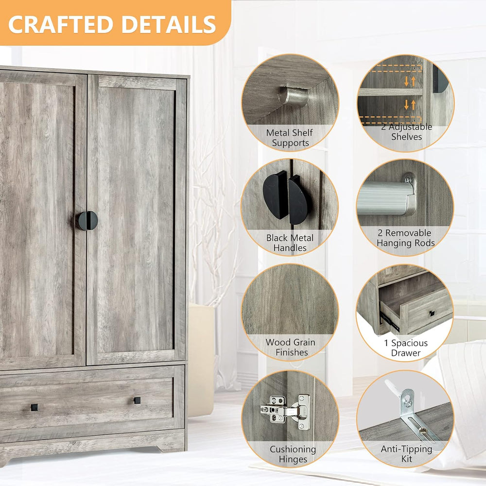 VINGLI Wide Armoire Wardrobe Closet with Hanging Rod, Adjustable Shelves and ...