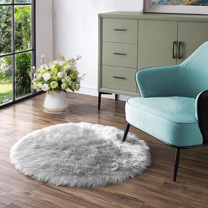 Latepis Grey Round Rugs 6ft Faux Fur Sheepskin Circle Rug - Image 7