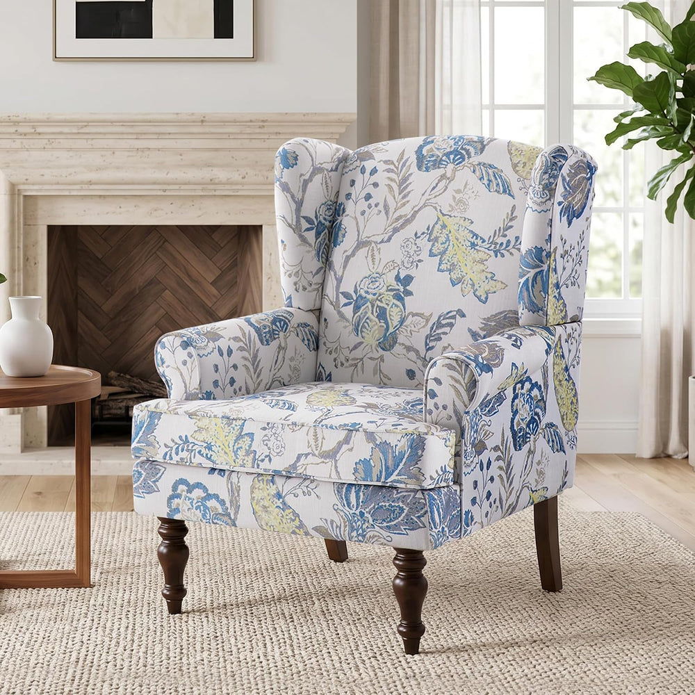 HUIMO Printed Wingback Accent Chair, Linen Upholstered High Back Armchair, Co...