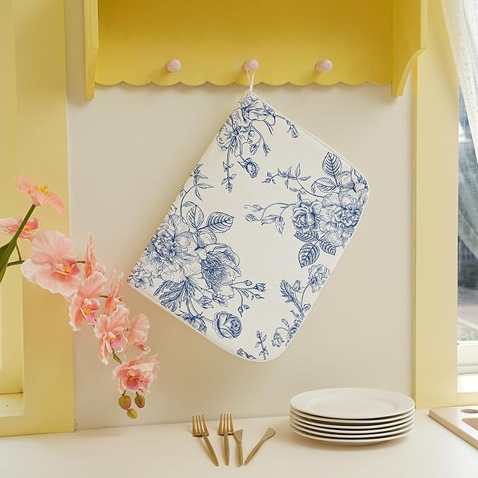 Chinoiserie Floral Dish Drying Mat 18 x 24 inch Vintage Blue Flower Decorative - Image 5