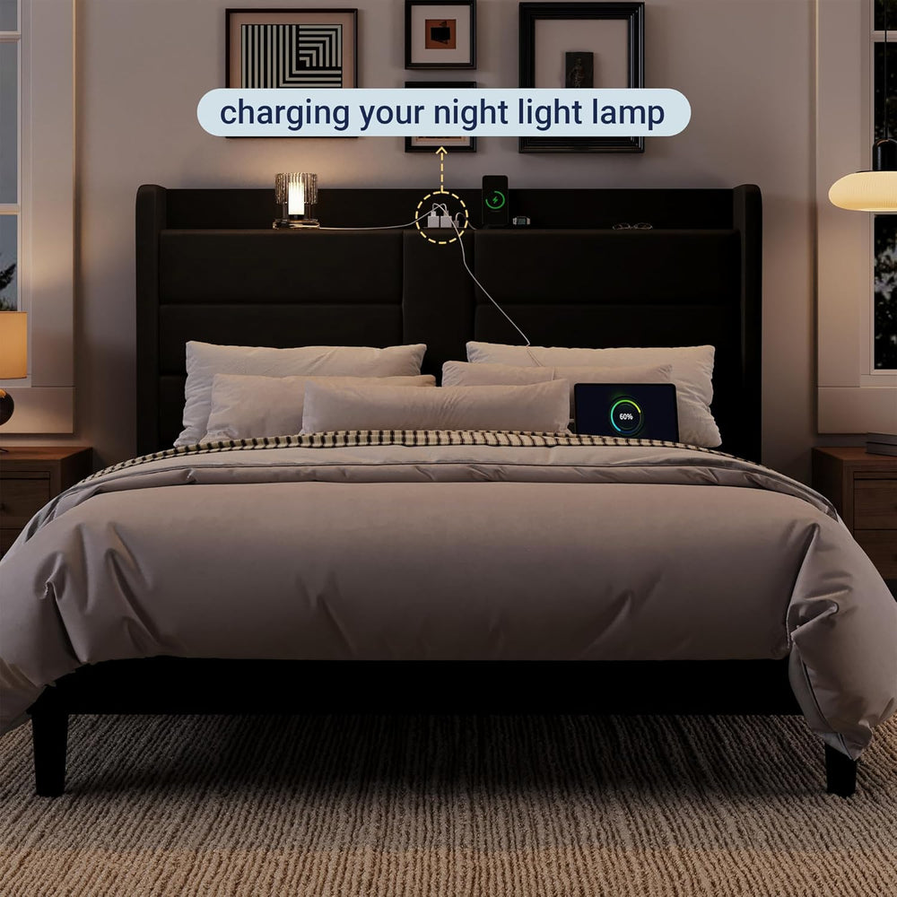 Allewie Full Size Platform Bed Frame with Charging Station & Storage Head...