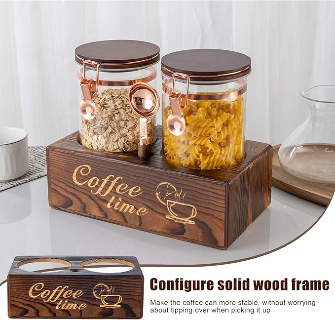 Glass Coffee Canister Set with Torched Wood Shelf, 2 Pack 45oz Airtight Storage