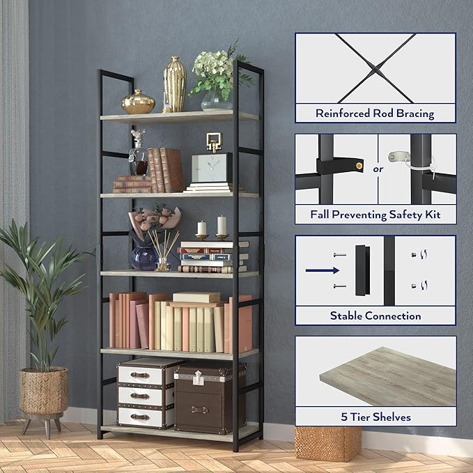 NUMENN 5 Tier Bookshelf, Tall Bookcase Shelf Storage Organizer, Modern Book S...