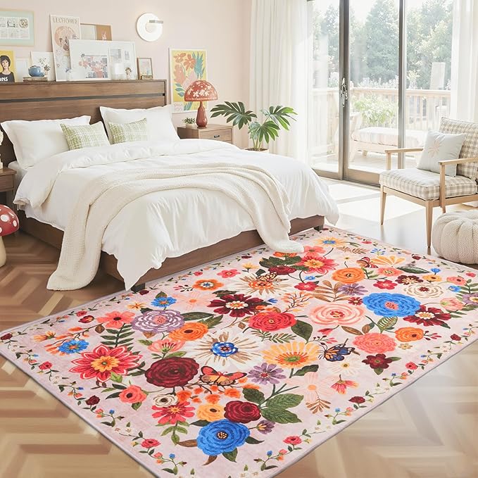 Pink/Beige Floral Washable 6x9 Area Rugs, Soft Bedroom Rug - Image 6