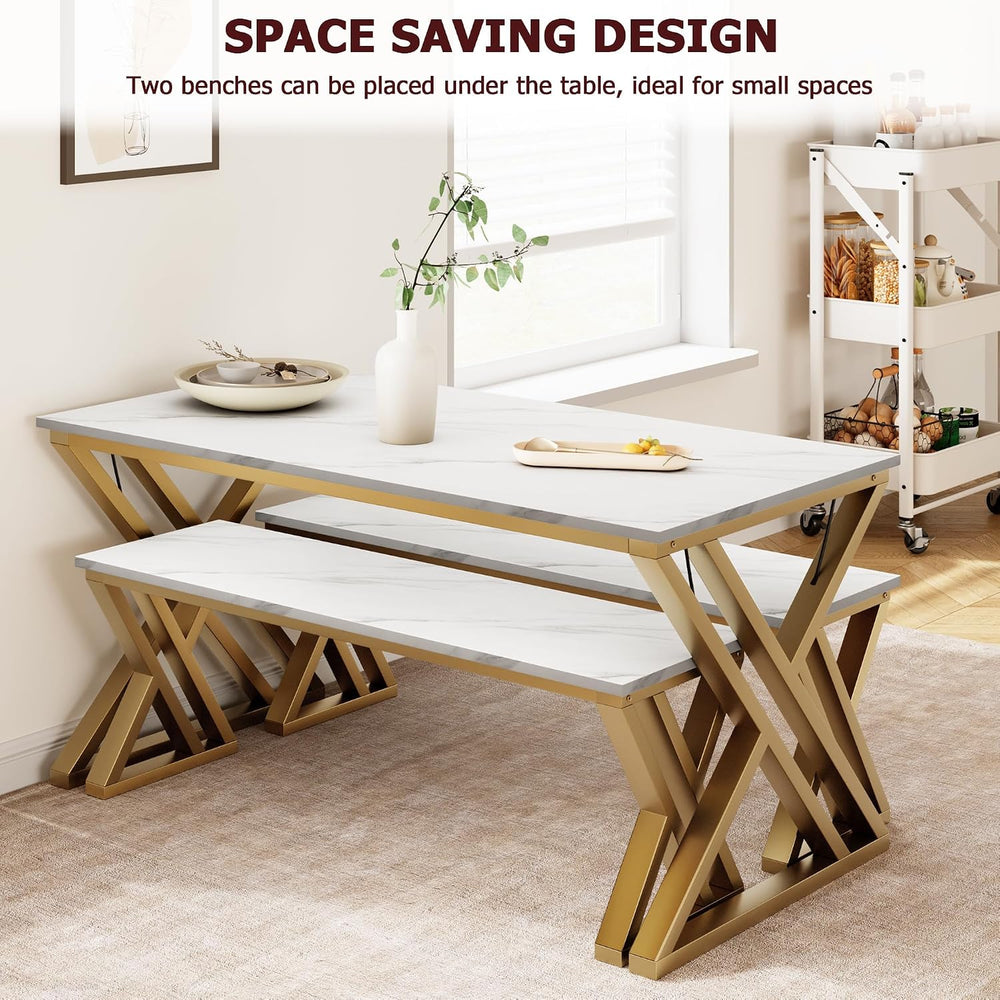 GarveeHome Kitchen Table with 2 Benches, Dining Table Set for 4 | Unique X-Sh...