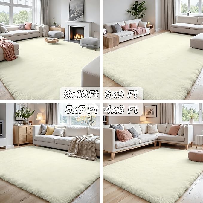 5x8 Area Rugs for Living Room: Soft Fluffy Shag Cream White Rugs for Bedroom - Image 7