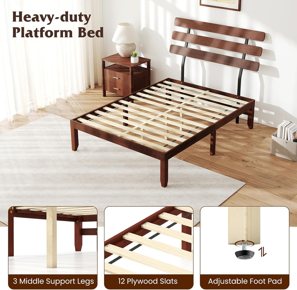 GIANTEX Full Size Platform Bed with Retro Headboard, Mid Century Modern Bed F...