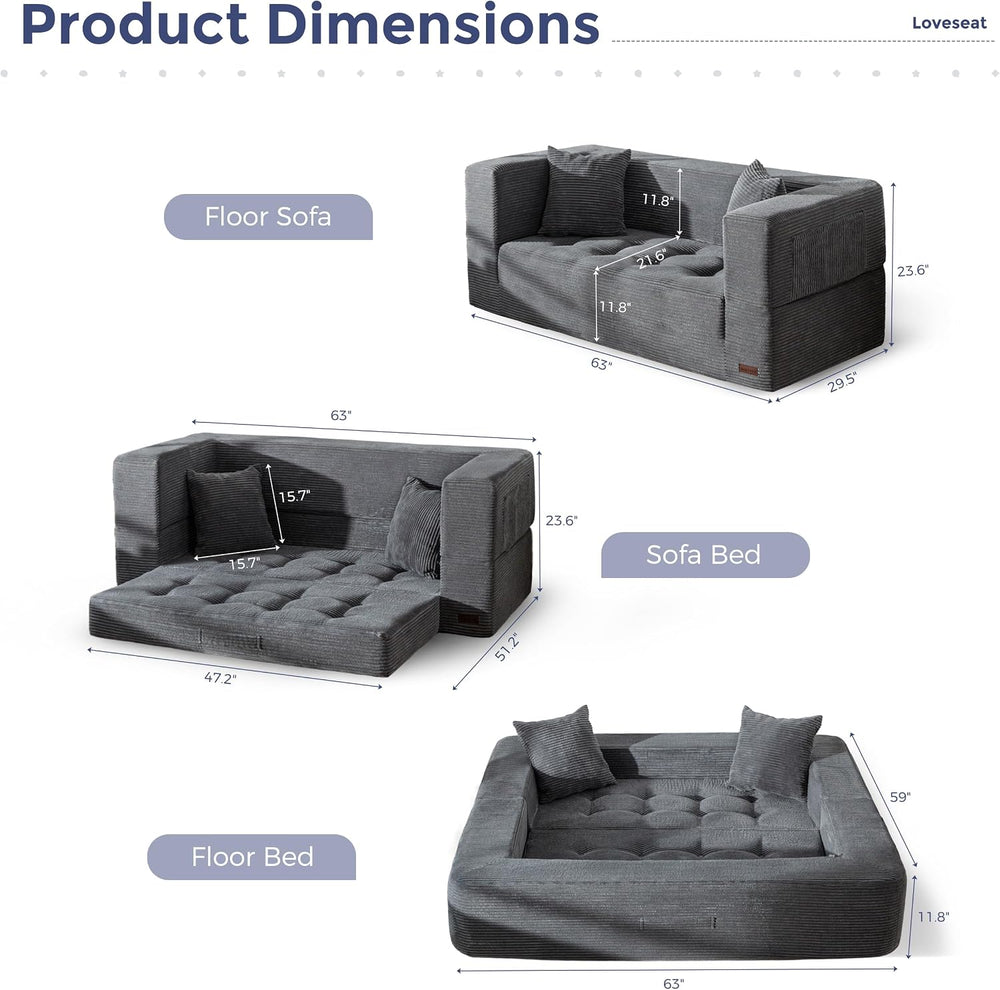 MAXYOYO 63" Folding Sofa Bed, Convertible Boneless Couch with Pillow