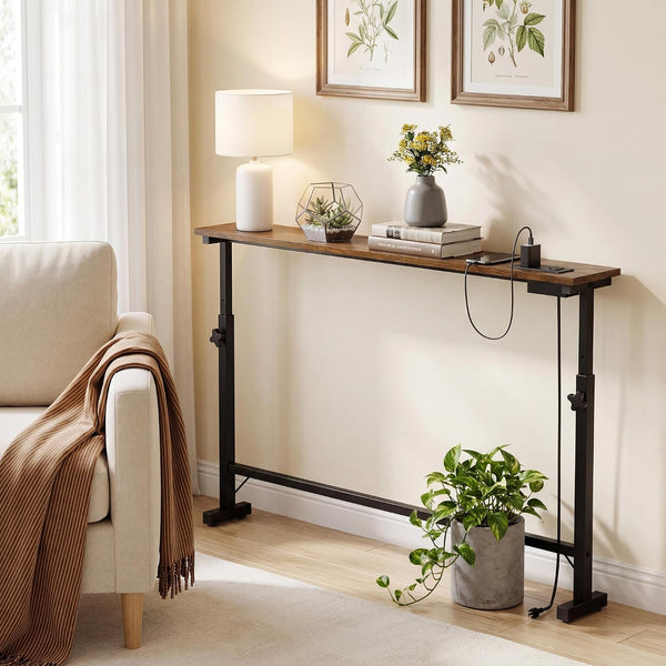 39.4" Sofa Table Behind Couch Table with Adjustable Height & Power Outlets | 23" to 31" Adjustable Height, Narrow Console Table for Hallway Bedroom Living Room Decor Foyer Furniture Rustic, Brown