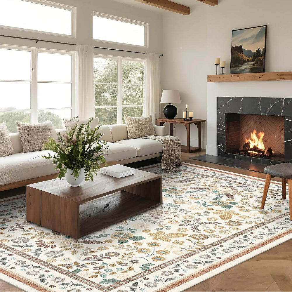 GarveeHome 10x14 Floral Area Rugs for Bedroom Machine Washable Beige