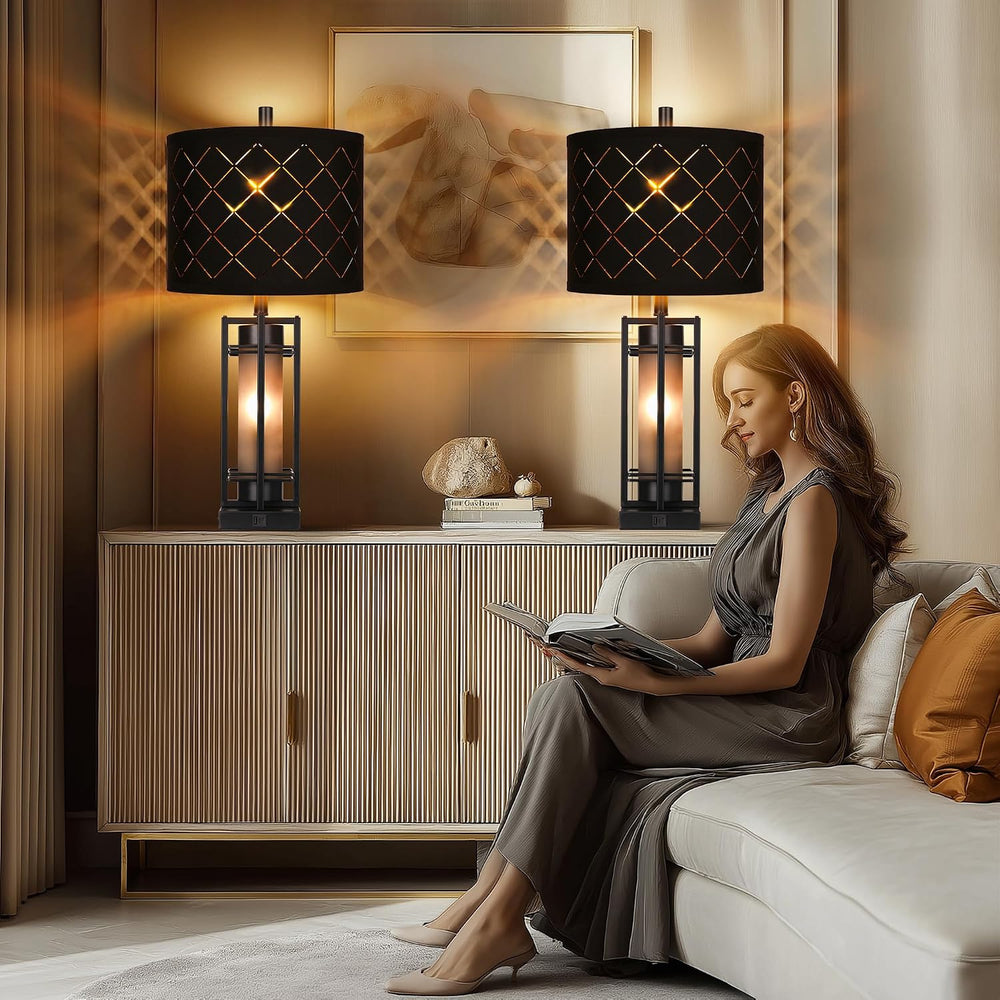 27'' Modern Table Lamp Set of 2 with Nightlight, Metal Bedside Lamps