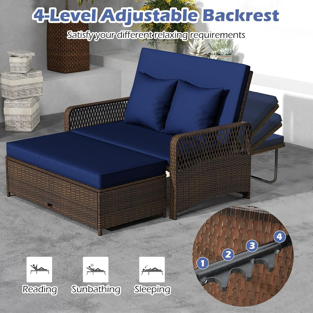 Tangkula Patio Rattan Daybed with 4-Level Adjustable Backrest, Navy