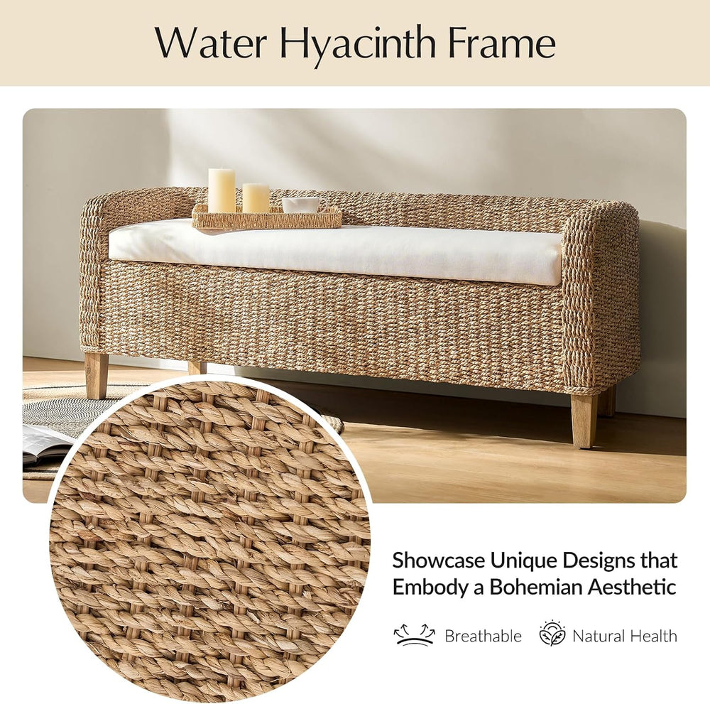 HULALA HOME 57" Rattan Storage Bench, Boho Wicker Bedroom Bench, Natural