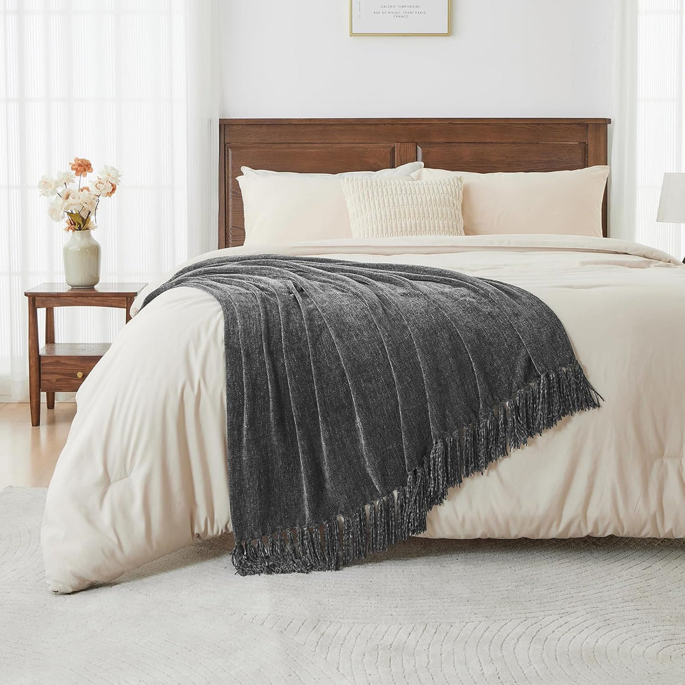 CozeCube Chenille Throw Blanket, Charcoal Grey Fringe Blanket, 50"X60"