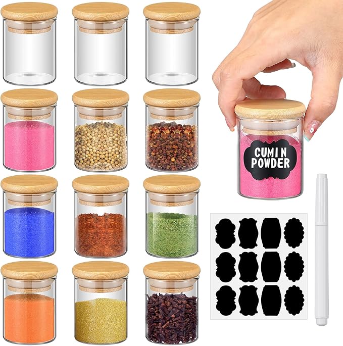 Roshtia Glass Spice Jars with Bamboo Airtight Lids Labels and Chalk Marker Food by Roshtia