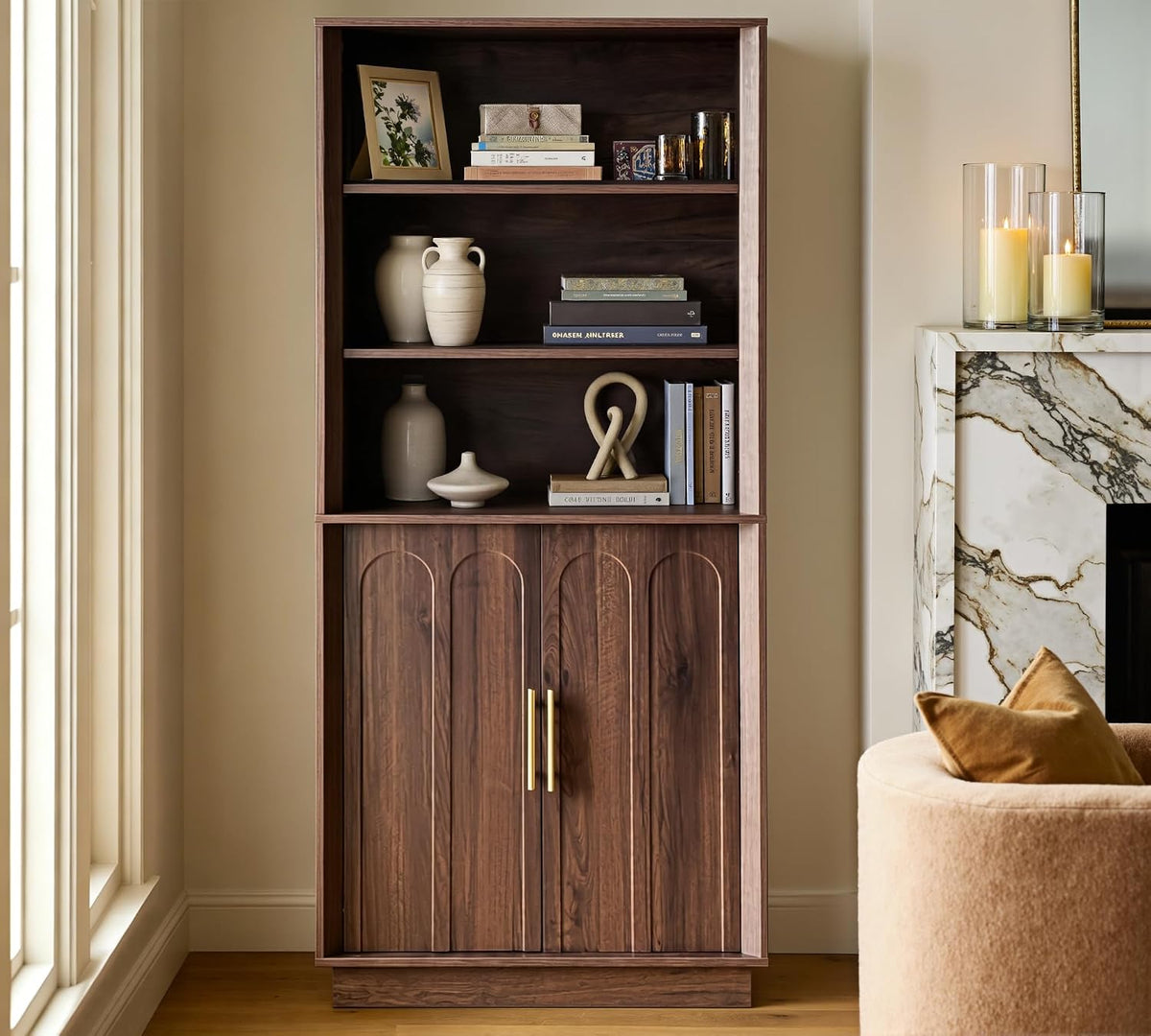 71" tall bookcase, 3-tier bookshelf with storage, walnut, main product view