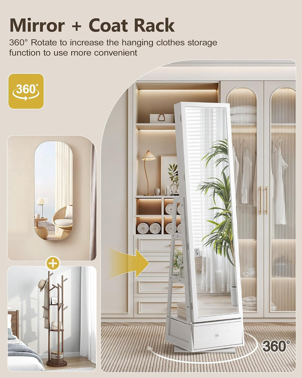 Nicetree 360° Swivel Jewelry Cabinet with Lights, Full Length Mirror, Lock