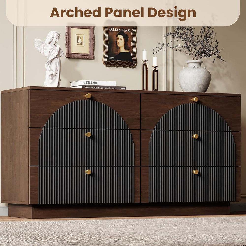 Arched Fluted Dresser for Bedroom 6 Drawers 55" Wide Walnut Black