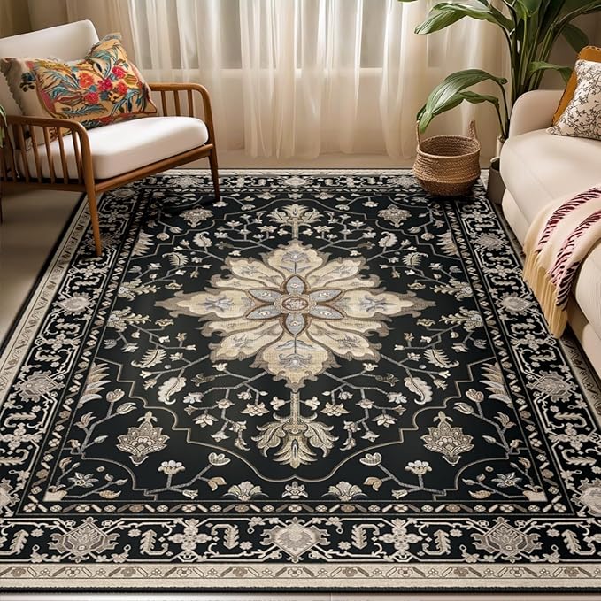 Area Rugs 5'x7' Washable Non-Slip, Floral Vintage Distress Print Pattern by RELEANY