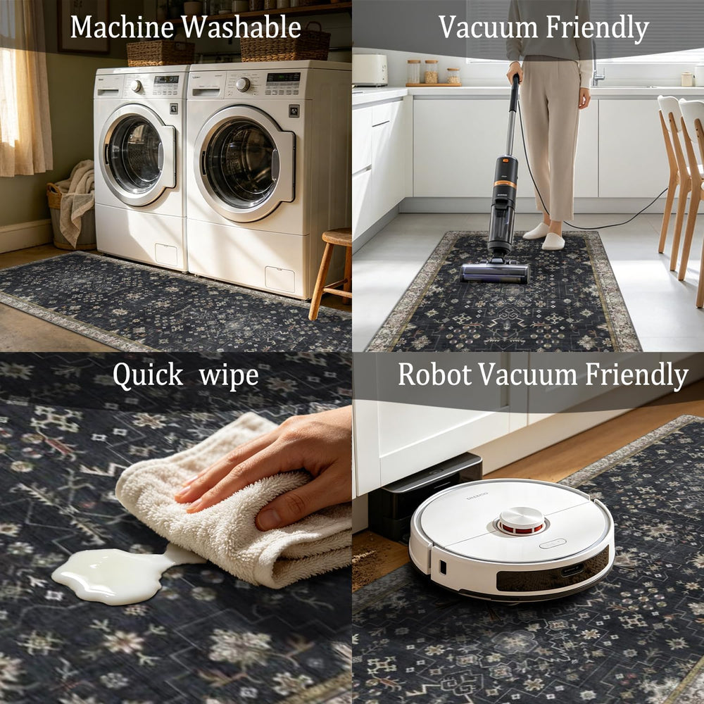 Black Boho Kitchen Rugs Set of 3, Non-Slip Machine Washable Kitchen Floor Mat...