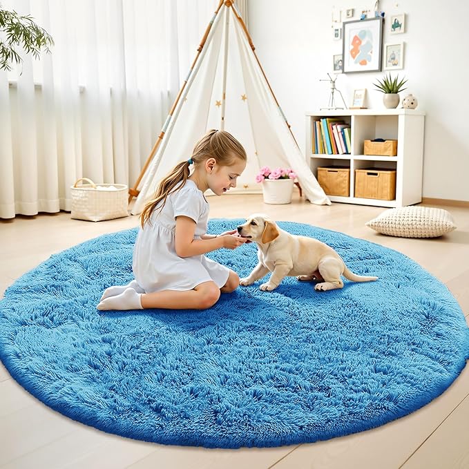OLANLY Bright Blue Round Rugs for Bedroom - Image 2