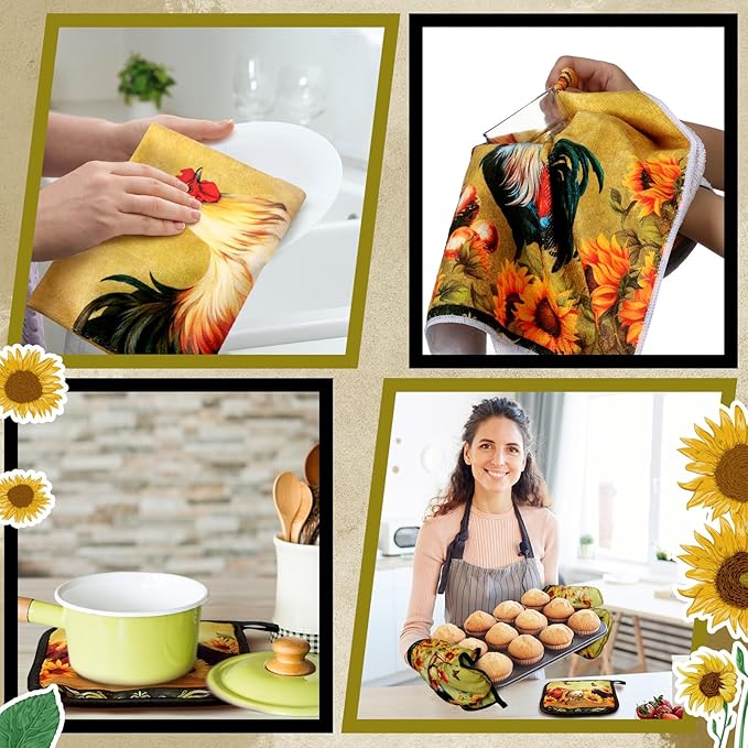 Leinuosen 6 Sunflower Rooster Farmhouse Kitchen Decor Dish Towels Oven Mitts - Image 6
