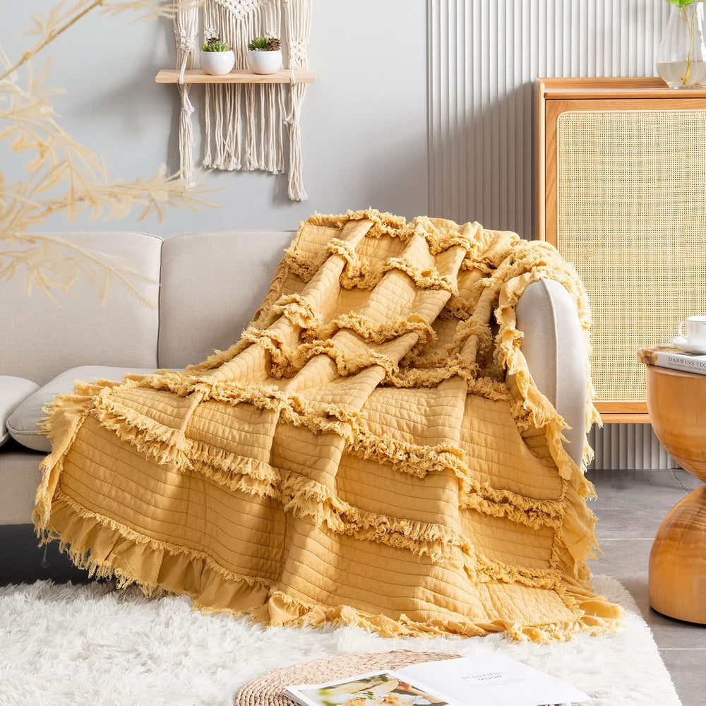 Ultra Soft Pre-Washed Warm Quilted Throw Blanket, Ruffle Fringed Yellow Boho ...