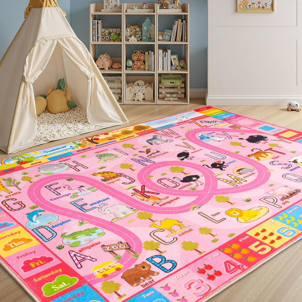 4 x 6 Feet Pink Zoo Themed Kids Educational Play Area Rug for Girls | Pink Non-Slip Washable Kids Learning Rug, Alphabet Numbers Zoo Animals Week Seasons Design for Classroom Playroom