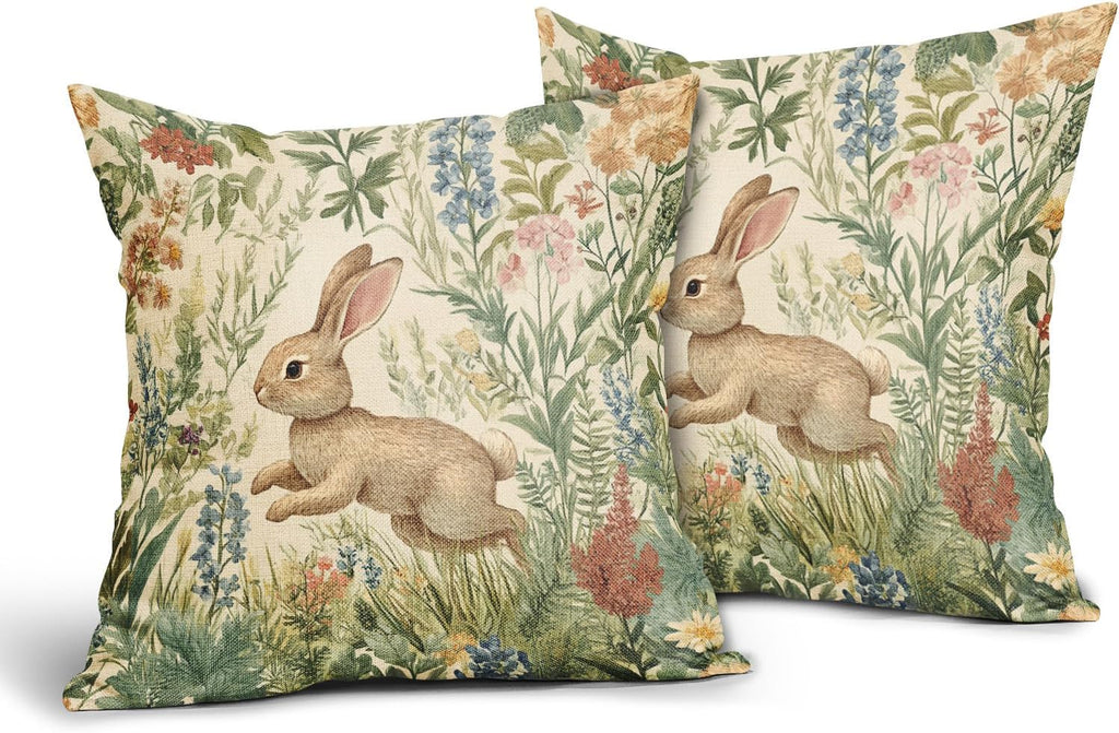 Spring Pillow Covers 16x16 Inch Set of 2 Rabbit Bunny Floral Flower Green Leaves Vintage Botanical Plants Easter Themed Cotton Linen Decorative Throw Pillow Case for Bedroom Sofa Living Room Chair