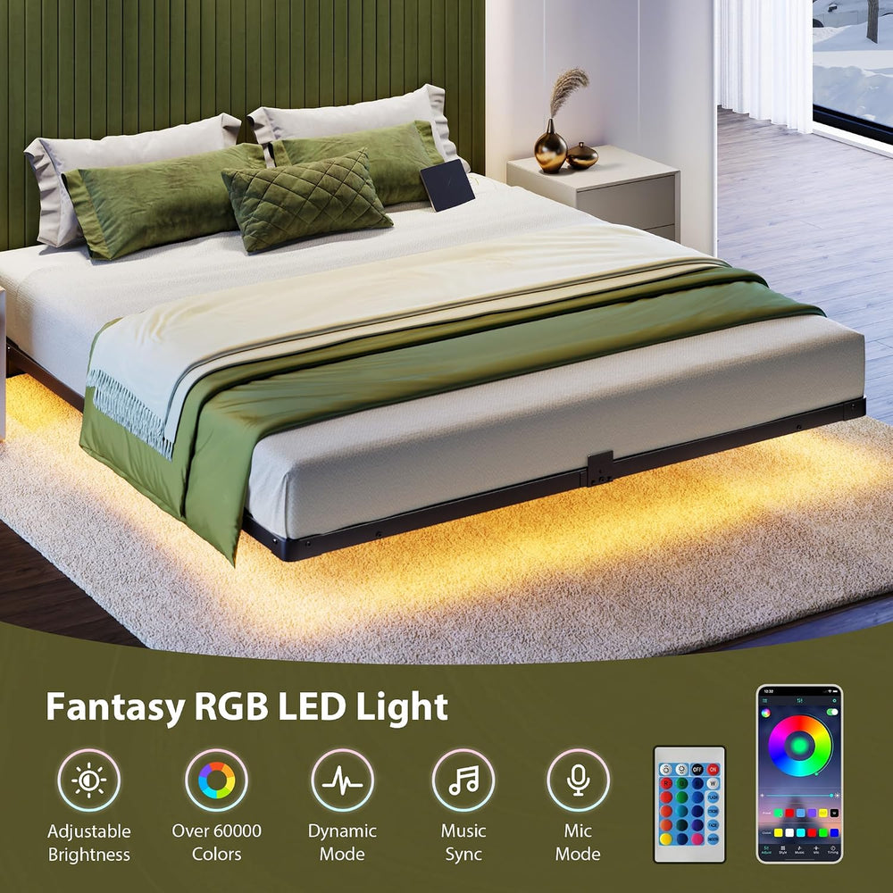 Floating Bed Frame Queen Size, Smart LED Lights & Charging Station, 9.45&...