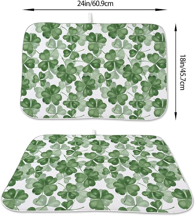 St Patricks Day Dish Drying Mat 18 x 24 inch Dark Green Clover Print Decorative - Image 2